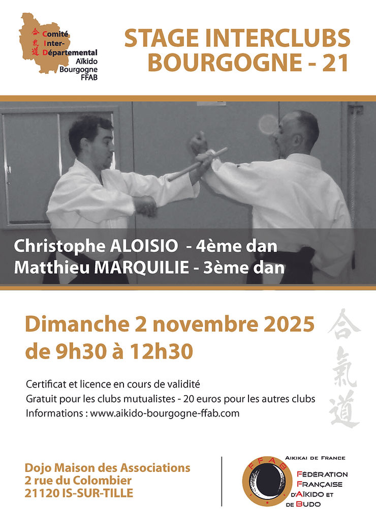 affiche du prochain stage d'aikido, le dimanche 2 novembre 2025 de 9h30 à 12h30 au Dojo de la maison des associations à Is-sur-tille